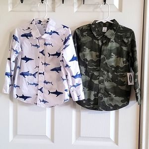 Boys Old Navy button down tops, white with blue sharks and camouflage green